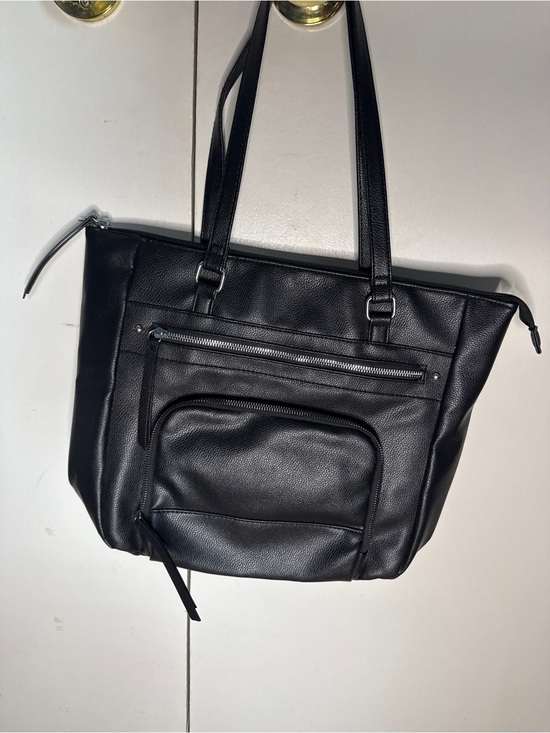Sears Handbags - Sears Black Faux Leather Shoulder Tote with Front Zip Pocket